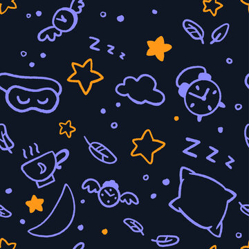 Seamless good night pattern with stars, moon, clouds, fethers and clocks.