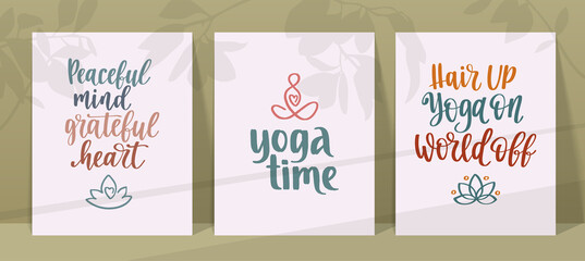 Wellness and yoga posters set. Handwritten lettering positive self-talk inspirational quote.