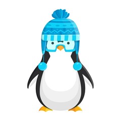 Christmas penguin. Funny snow animal, cartoon character in a winter hat and snowboard glasses. EPS 10.