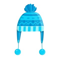 Blue hat icon isolated on a white background. Knitted headdress with two long earflaps and a hat for cold weather. Outerwear. Vector illustration. EPS 10.