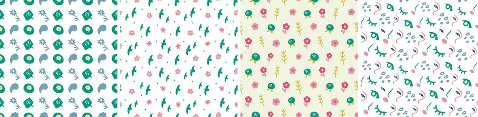 Set of vector seamless patterns. Floral and abstract shapes