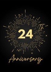 24 years golden anniversary logo celebration with a firework on black background. 24 years anniversary card template. vector design for greeting cards, birthday, wedding events, and invitation card