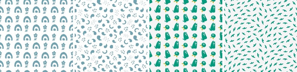 Set of seamless patterns in cutout style. Vector backgrounds