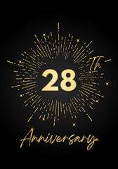 28 years golden anniversary logo celebration with a firework on black background. 28 years anniversary card template. vector design for greeting cards, birthday, wedding events, and invitation card