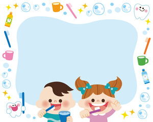 歯磨きをしているこどものフレームのイラスト