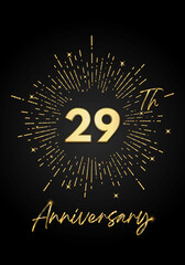 29 years golden anniversary logo celebration with a firework on black background. 29 years anniversary card template. vector design for greeting cards, birthday, wedding events, and invitation card