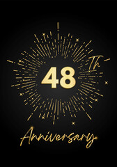 48 years golden anniversary logo celebration with a firework on black background. 48 years anniversary card template. vector design for greeting cards, birthday, wedding events, and invitation card