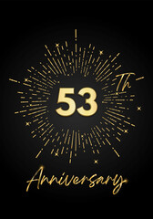 53 years golden anniversary logo celebration with a firework on black background. 53 years anniversary card template. vector design for greeting cards, birthday, wedding events, and invitation card