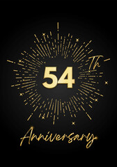 54 years golden anniversary logo celebration with a firework on black background. 54 years anniversary card template. vector design for greeting cards, birthday, wedding events, and invitation card
