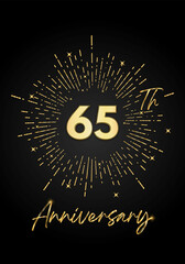Naklejka premium 65 years golden anniversary logo celebration with a firework on black background. 65 years anniversary card template. vector design for greeting cards, birthday, wedding events, and invitation card