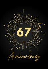 67 years golden anniversary logo celebration with a firework on black background. 67 years anniversary card template. vector design for greeting cards, birthday, wedding events, and invitation card