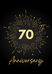 70 years golden anniversary logo celebration with a firework on black background. 70 years anniversary card template. vector design for greeting cards, birthday, wedding events, and invitation card