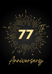 Fototapeta premium 77 years golden anniversary logo celebration with a firework on black background. 77 years anniversary card template. vector design for greeting cards, birthday, wedding events, and invitation card