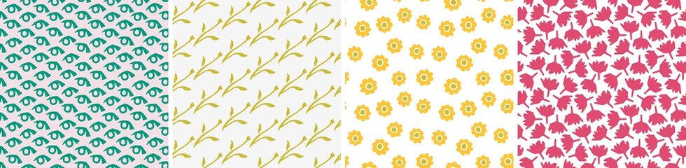 Fototapeta na wymiar Set of seamless patterns in cutout style. Vector backgrounds