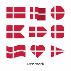 Denmark flag icon set isolated on white background. Vector Illustration.