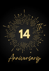 14 years golden anniversary logo celebration with a firework on black background. 14 years anniversary card template. vector design for greeting cards, birthday, wedding events, and invitation card