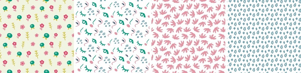 Set of seamless patterns in cutout style. Vector backgrounds