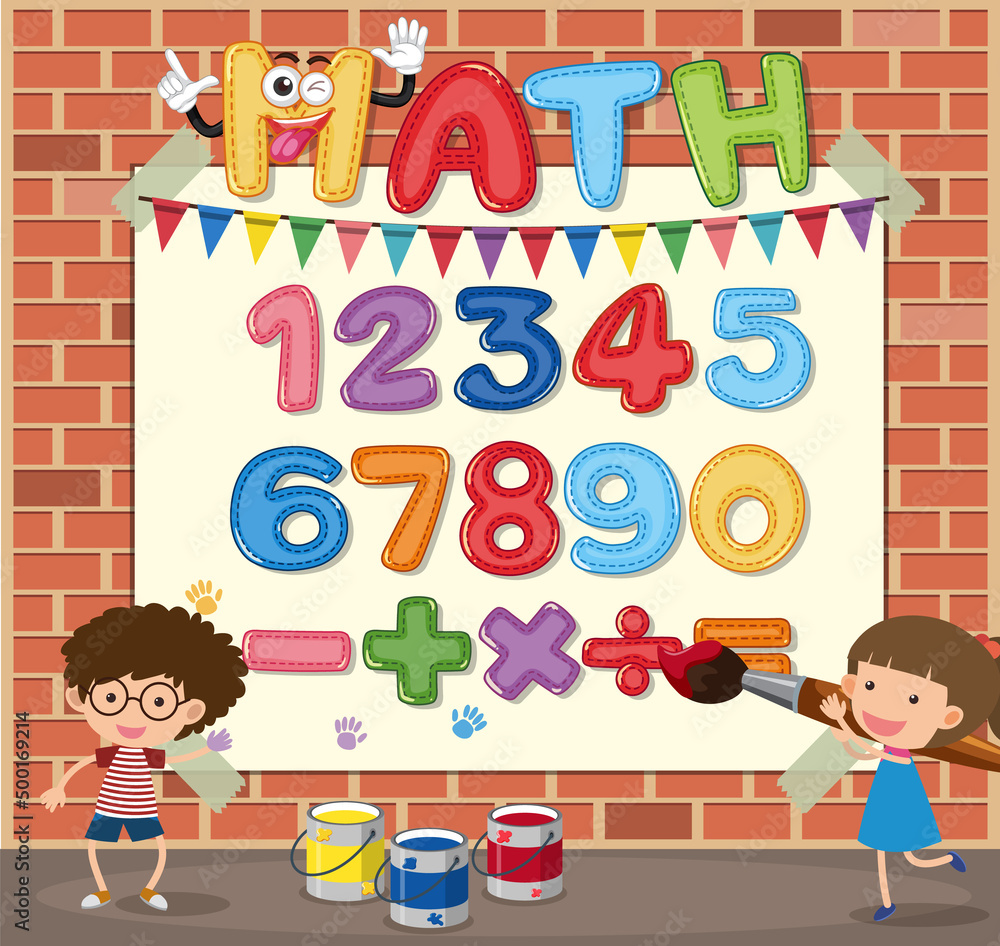 Poster Counting numbers from zero to nine and math symbols