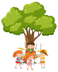 Children playing music under the tree