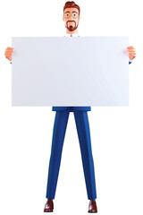 Fototapeta premium 3 d cartoon character. Your advertisement is in good hands. Handsome young business man holding big blank with copy space. Isolated on white