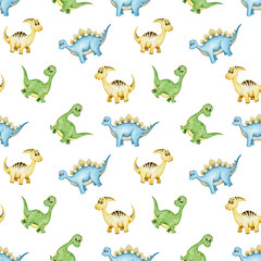 Childish dinosaur abstract seamless pattern. Hand drawn watercolor elements dino kids background. Isolated on white.