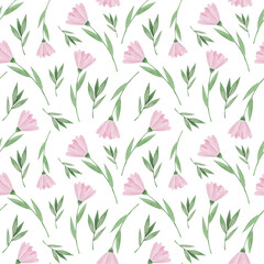 Fototapeta na wymiar Seamless pattern with pink flowers on white background. Gentle floral background. Watercolor pattern, simple rustic elements. Texture for girl fabric, wrapping paper, nursery wallpaper