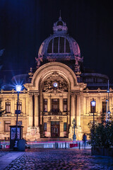 Fototapeta na wymiar Item ID: 2148027873Bucharest, Romania-2.12.2021: The CEC Palace, and situated on Calea Victoriei, the National Museum of Romanian History,old town, Palace of the Deposits, Consignments, night