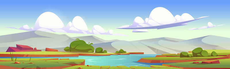 Summer landscape of valley with river, green grass, bushes, and mountains on horizon. Vector cartoon illustration of nature scene with water stream, meadow, and rocks