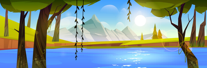 Mountain valley with lake, forest, coniferous trees, and sun in sky. Vector cartoon illustration of summer landscape with tropical trees with lianas, green grass on river shore, and rocks on horizon © klyaksun