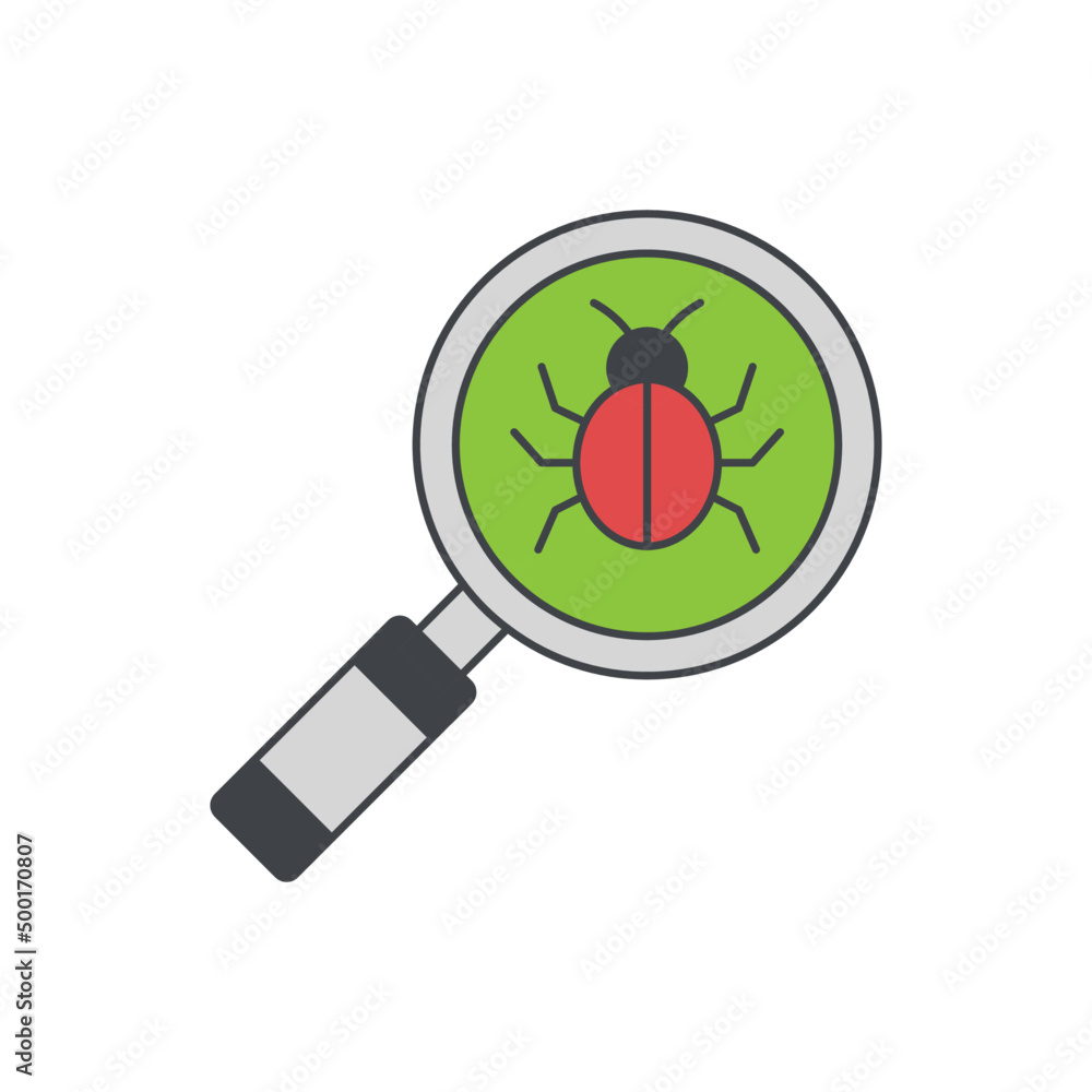 Poster antivirus search or scan icon. magnifying glass with bug sign icon in color icon, isolated on white 
