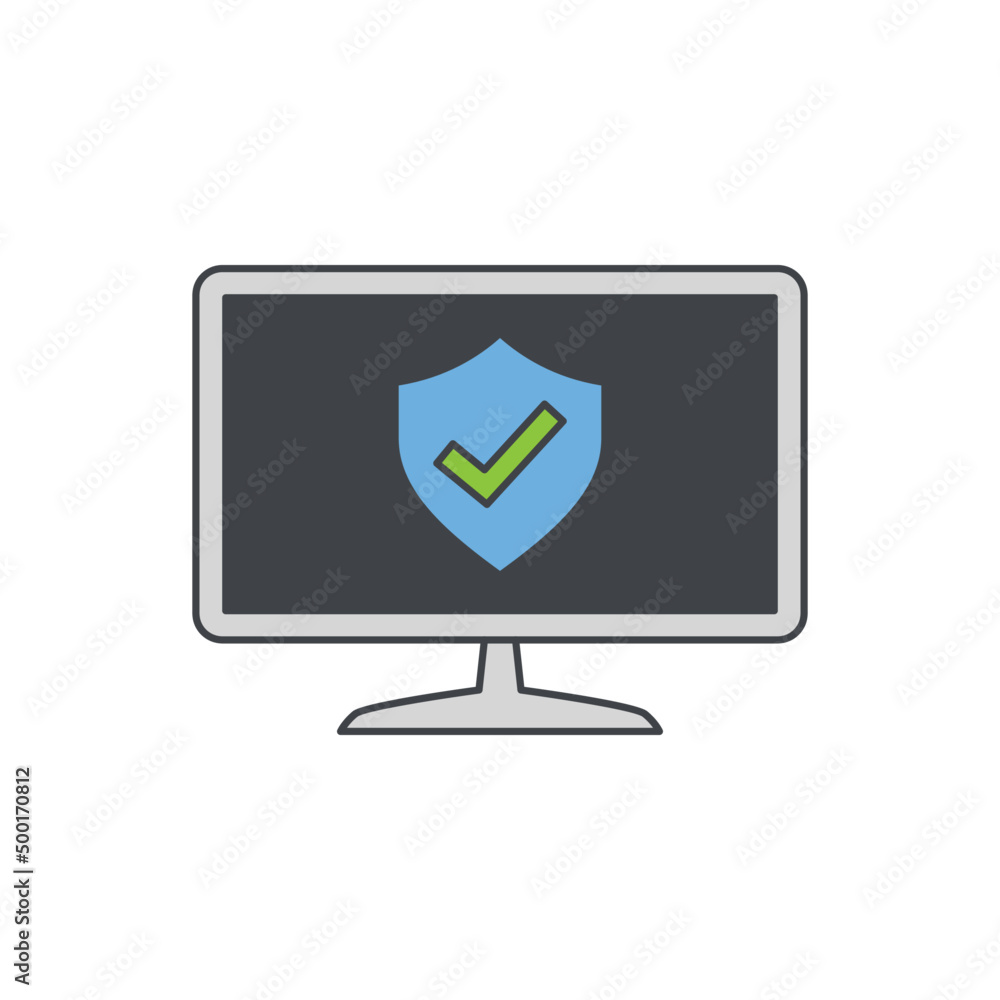 Poster computer with warning sign icon in color icon, isolated on white background