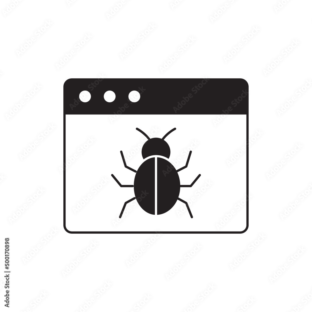 Poster browser with bug or malware icon in black flat glyph, filled style isolated on white background