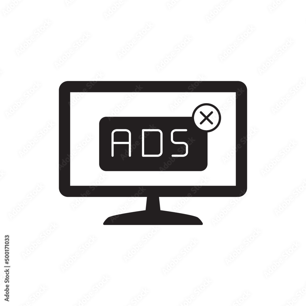 Poster computer displaying ads icon in black flat glyph, filled style isolated on white background