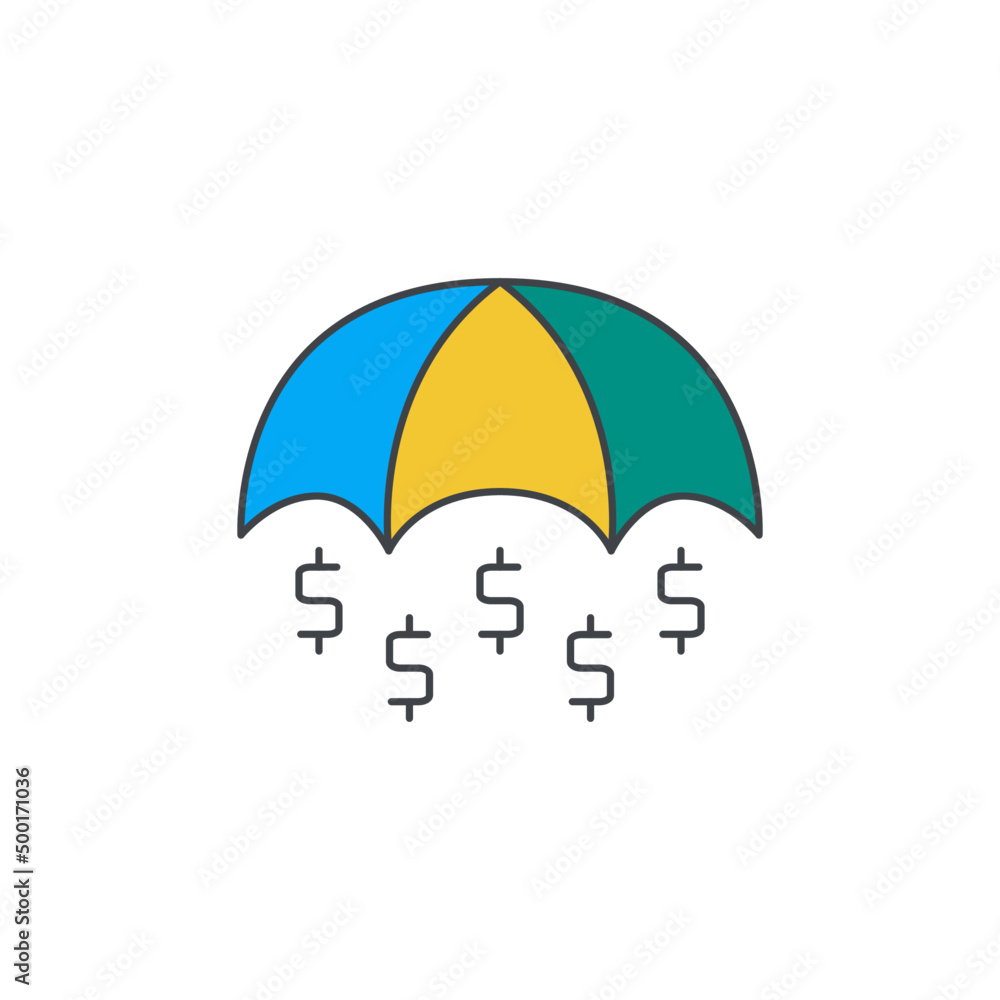 Sticker Secure investment insurance icon, Umbrella with dollar icon in color icon, isolated on white background 