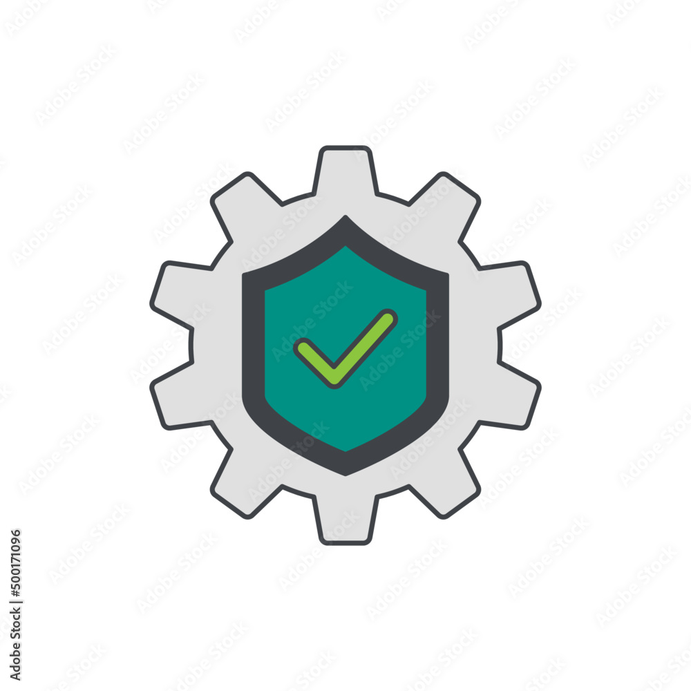 Poster setting with protection icon. cogwheel with shield sign in color icon, isolated on white background