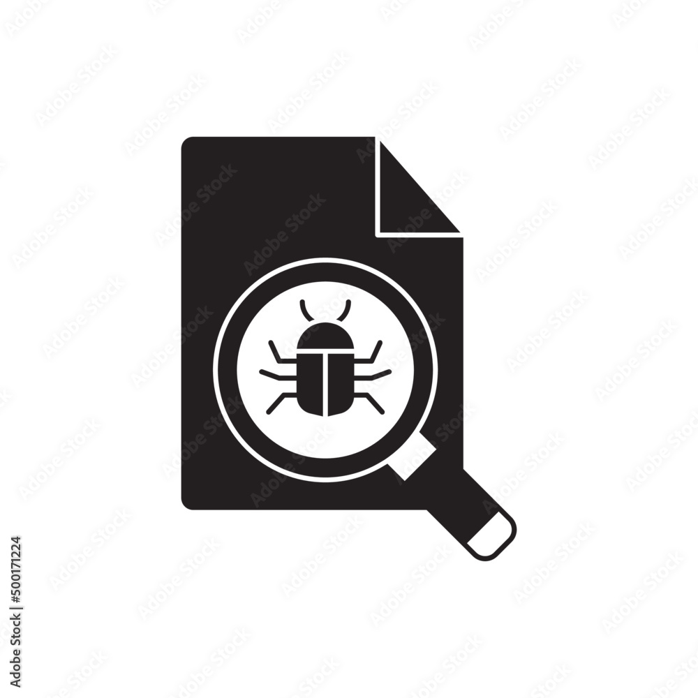 Poster file with bug or malware icon in black flat glyph, filled style isolated on white background