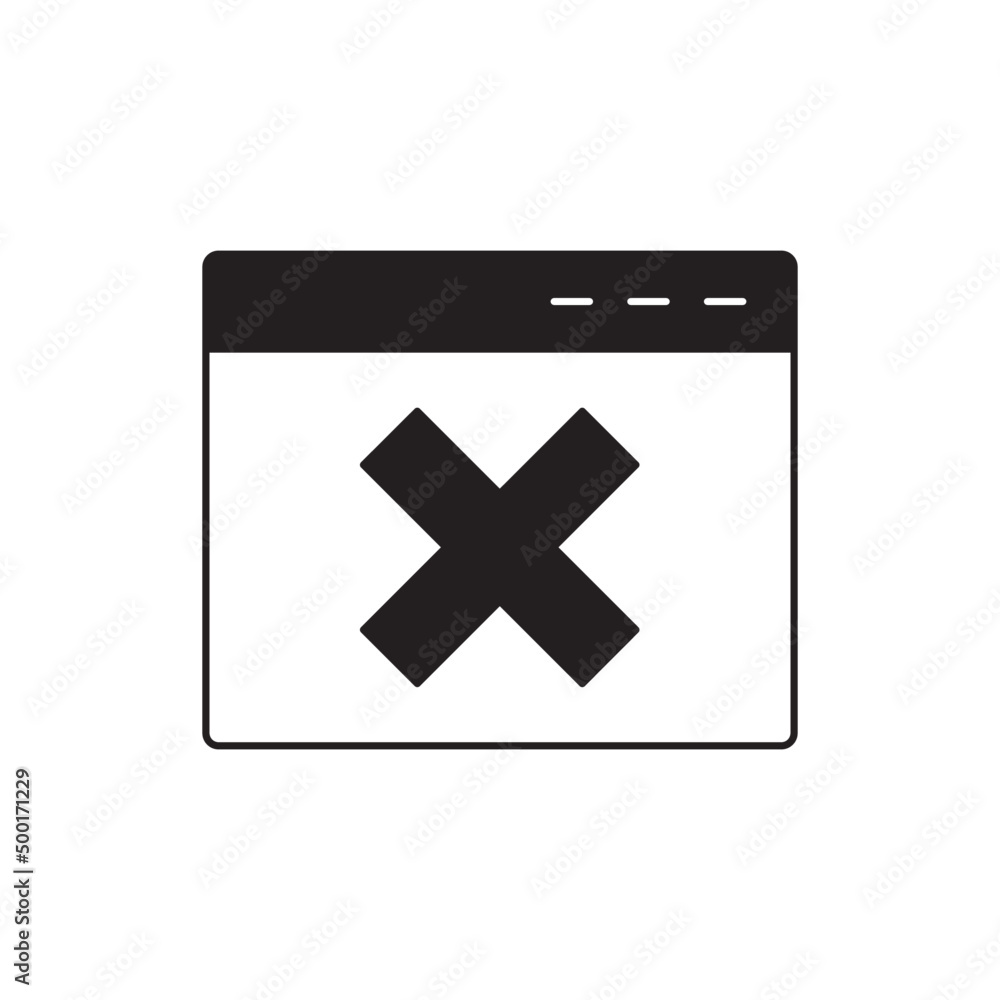 Poster browser with error sign icon in black flat glyph, filled style isolated on white background