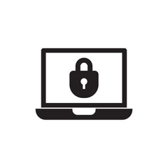 Locked laptop icon in black flat glyph, filled style isolated on white background