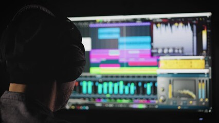 An experienced sound engineer mixes a music track in his home studio.