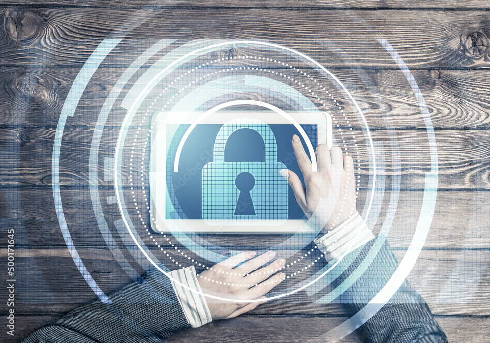 Poster concept of computer access with media lock icon on tablet screen
