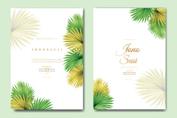 Summer wedding card design with tropical leaf ornament 