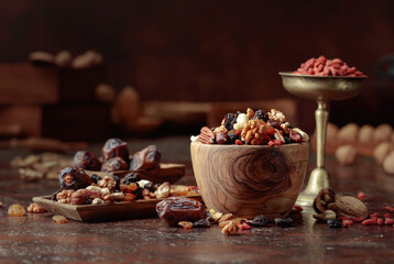 Dried fruits and nuts in a wooden bowl.