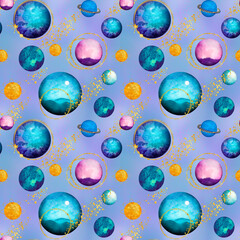 Seamless pattern, print for packaging and textiles.
Space, planets, golden crescent
 digital paper.
Endless decorative background. Ideal for textiles and scrapbooking.