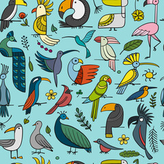 Paradise tropical birds on blue background. Seamless pattern for your design