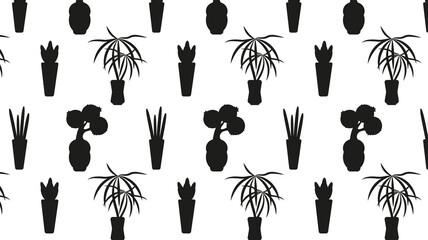 Seamless silhouette pattern of house flowers in pots isolated on white background.Vector illustration.