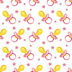 Pink baby girl watercolor seamless pattern with pacifier. Baby pink paint brush stroke background.