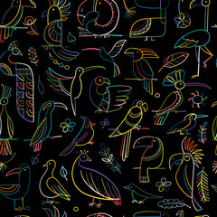 Paradise tropical birds on black background. Seamless pattern for your design