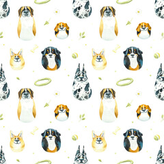Seamless pattern Cartoon Dogs. Set Funny puppy. Watercolor hand drawn illustration