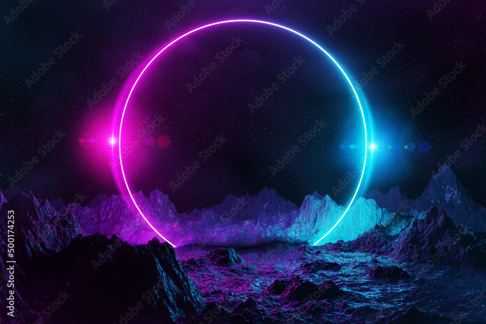 Aufkleber abstract background with blue and pink neon light circle reflecting on asteroid ground 3d rendering