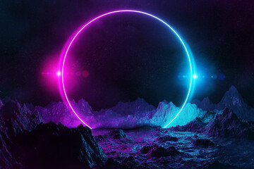 Abstract background with blue and pink neon light circle reflecting on asteroid ground 3D rendering